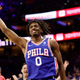 yrese Maxey of the Philadelphia 76ers celebrates after scoring in the first quarter against the Toronto Raptors during Game One of the Eastern Conference First Round Playoffs.